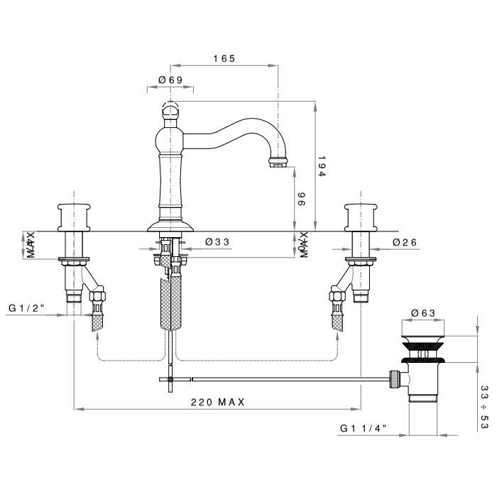 Nicolazzi Festival  Смеситель для раковины на 3 отв., цвет: NL+ручки FESO007+FESO003, артикул S1409DNL+FESO007+FESO003