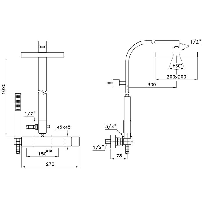 Stella Bamboo Quadro Душевой комплект 3283/420/306-200: смеситель, штанга+ручной+верхний душ 200мм, цвет: хром