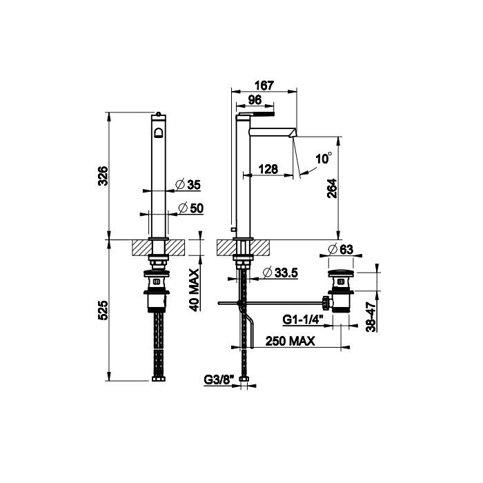 Gessi Ingranaggio Смеситель для раковины высокий, излив короткий. С донным клапаном и соединительными шлангами, цвет: хром