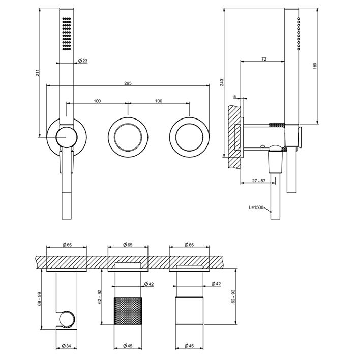 GESSI HABITO CESELLO Смеситель настенный встраиваемый, однорычажный, с переключателем на 2 положения, с ручным душем, настен держ, цвет Black Metal PV