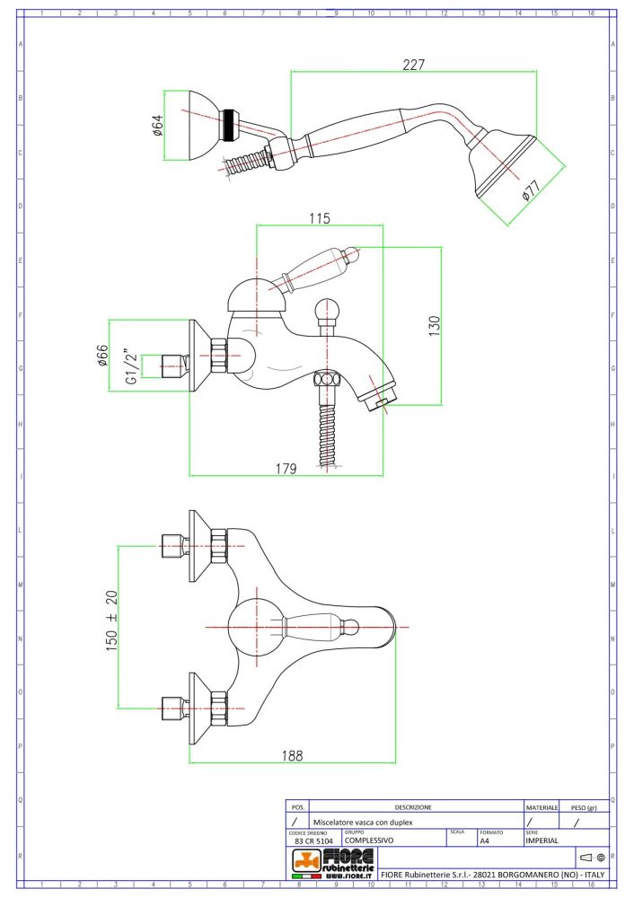 Fiore Imperiale, однорычажный смеситель для ванны с набором для душа, цвет бронза