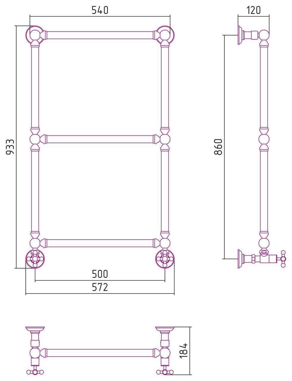 Полотенцесушитель водяной "Ренессанс 1304" 860х500 (МУАР Темный Титан)