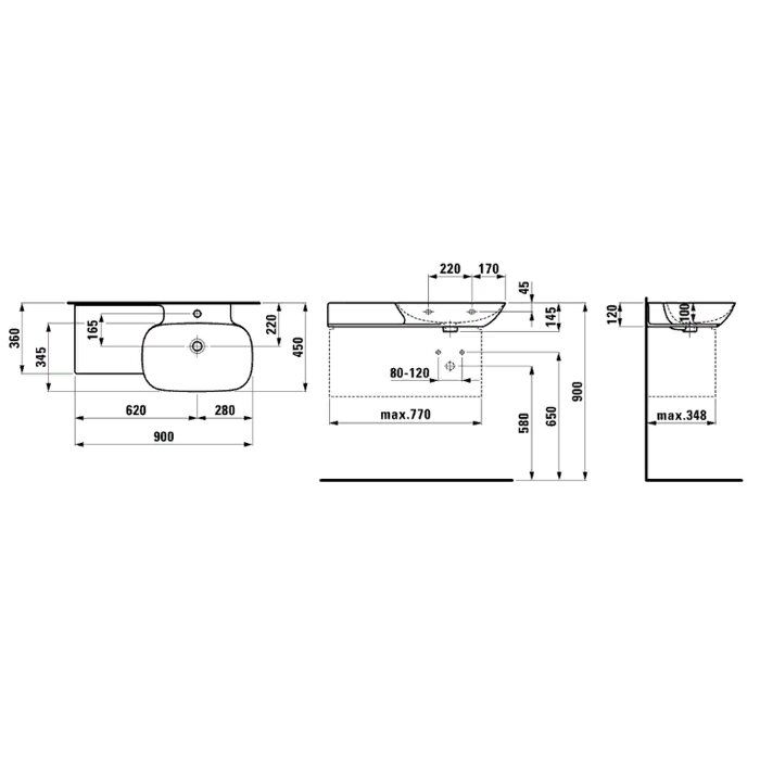 Laufen INO Раковина 900х450х120мм с 1 отв. под смесит, полка слева, цвет: белый