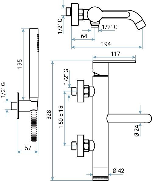Emmevi Filoinox, однорычажный смеситель для ванны (излив 19,4 см), с набором для душа, из нержавеющей стали, артикул 85001B/IN