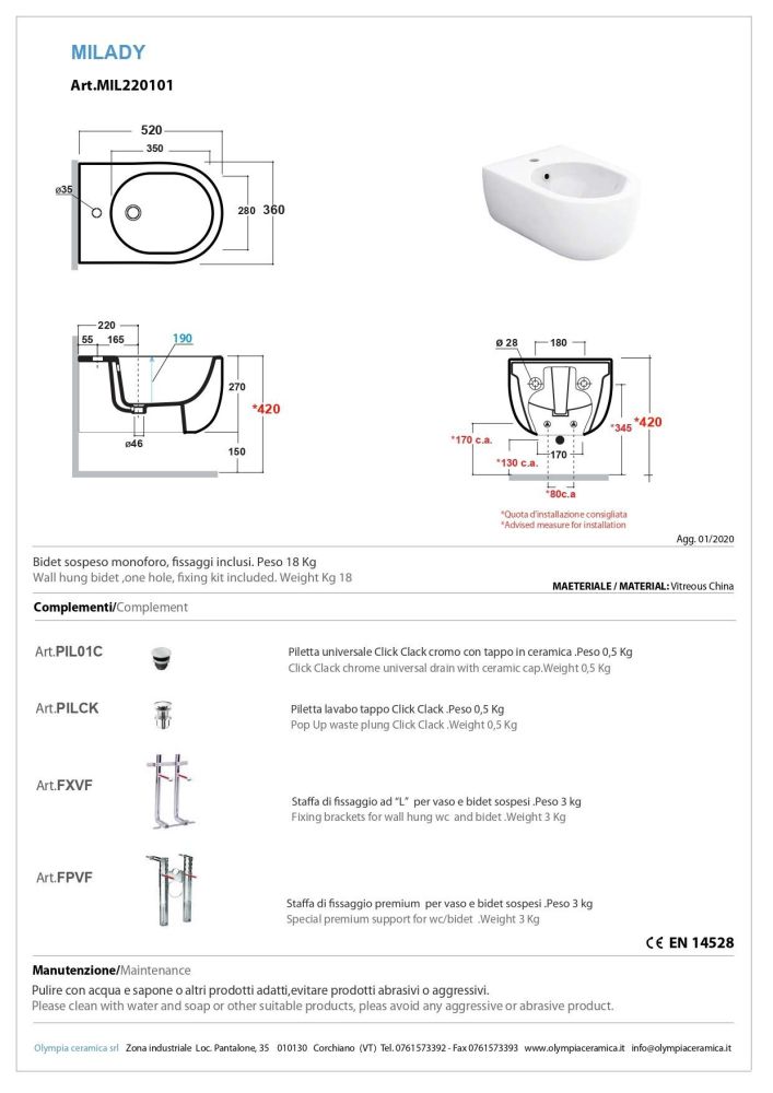 Olympia Milady, подвесное биде c крепежом, 52x37 см, цвет черный матовый