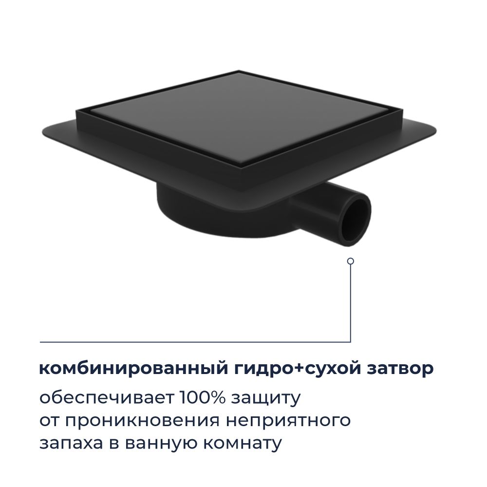 Душевой трап RGW SDR-10 квадратный, черный, металлическая крышка, горизонтальный слив