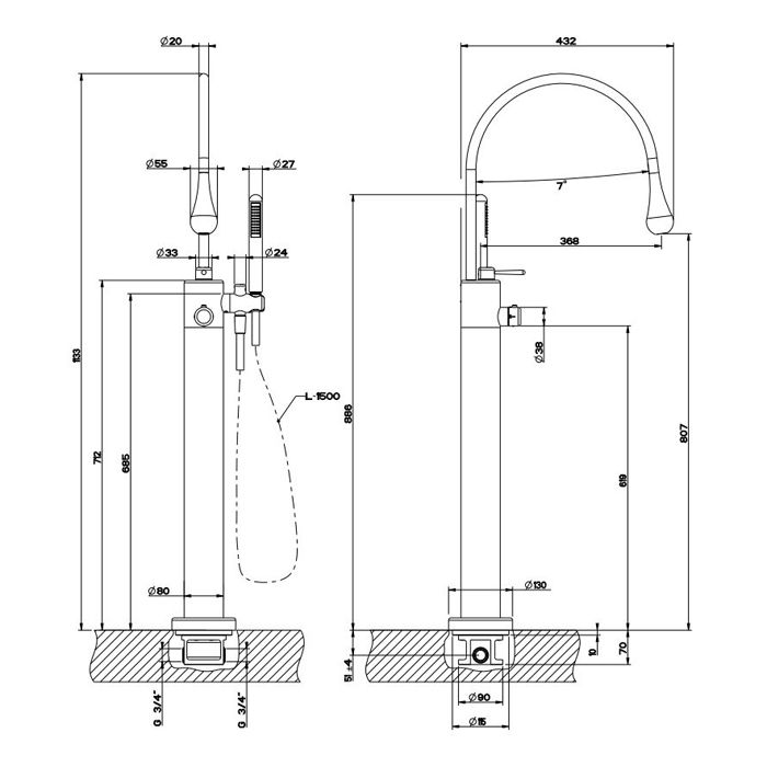 Gessi Goccia Смеситель для ванны напольный, термостатический, в комплекте с ручным душем и шлангом, наружная часть, цвет черный матовый