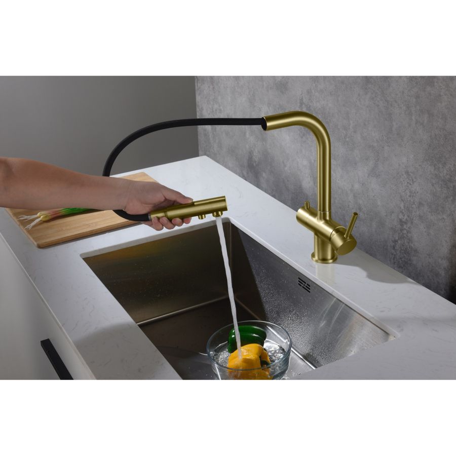 Смеситель для кухни с подключением фильтра и выдвижной лейкой Timo Saona 2356/17FL золото матовое, артикул 2356/17FL