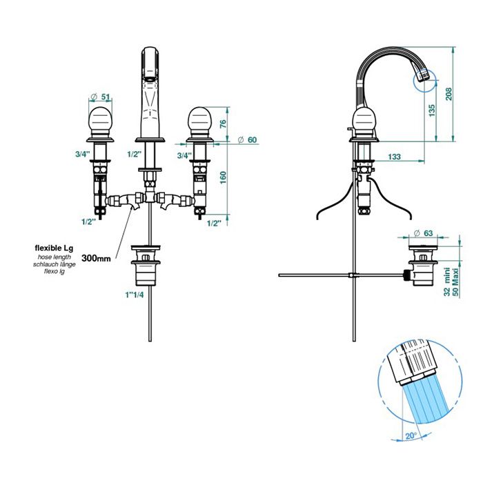 THG SUN DRAGON Смеситель для раковины на 3 отверстия, с донным клапаном, ручки с подсветкой, цвет полированное золото