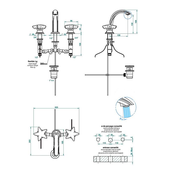 THG OCEANIA Смеситель для раковины на 3 отверстия, ручки с подсветкой, с донным клапаном, цвет хром THG OCEANIA Смеситель для раковины на 3 отверстия, ручки с подсветкой, с донным клапаном, цвет хром
