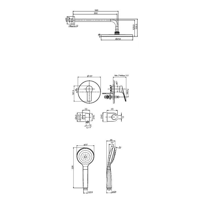 FIMA|Carlo Frattini Wellness Душевой комплект с верх душем Ø250мм, наст держ 350мм, душевым комплектом, смес встр на 2 источн, внутр часть, цвет хром