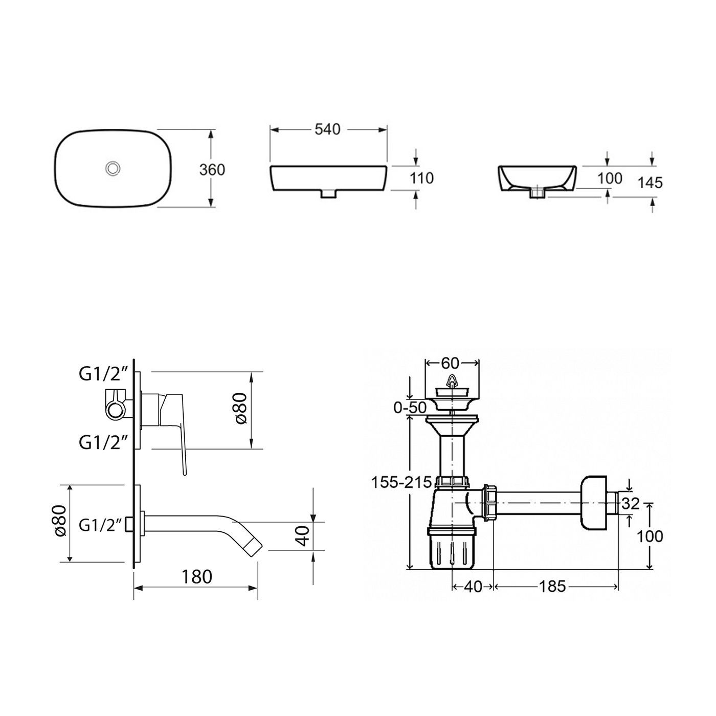 Комплект 3 в 1 Lavinia Boho Bathroom Sink 21510022, накладная фарфоровая раковина 54 см, встраиваемый смеситель со скрытым механизмом, пластиковый сифон
