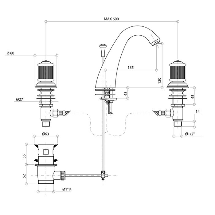 Bongio Impero Смеситель для раковины на 3отв.,  цвет хром/Blue and Red Swarovski