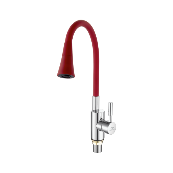 Смеситель для кухни с гибким изливом FASHUN A4053+B16, хром/красный