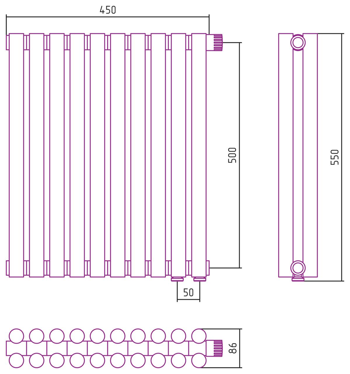 Отопительный радиатор ЭСТЕТ-11 н/ж EU50 500х450 / 10 сек (МУАР Темный Титан)