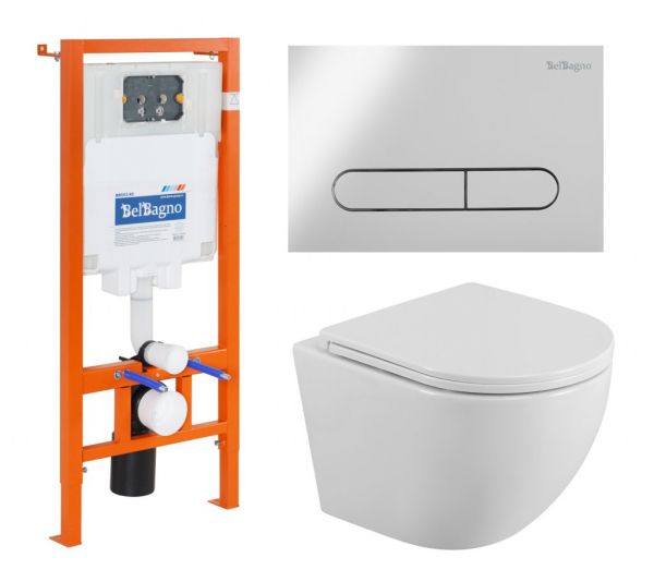 Комплект 3 в 1 Унитаз подвесной с сиденьем BelBagno UNO BB3105CHR/SC + Система инсталляции для унитазов BelBagno BB002-80  с кнопкой смыва BB014-SR-BI