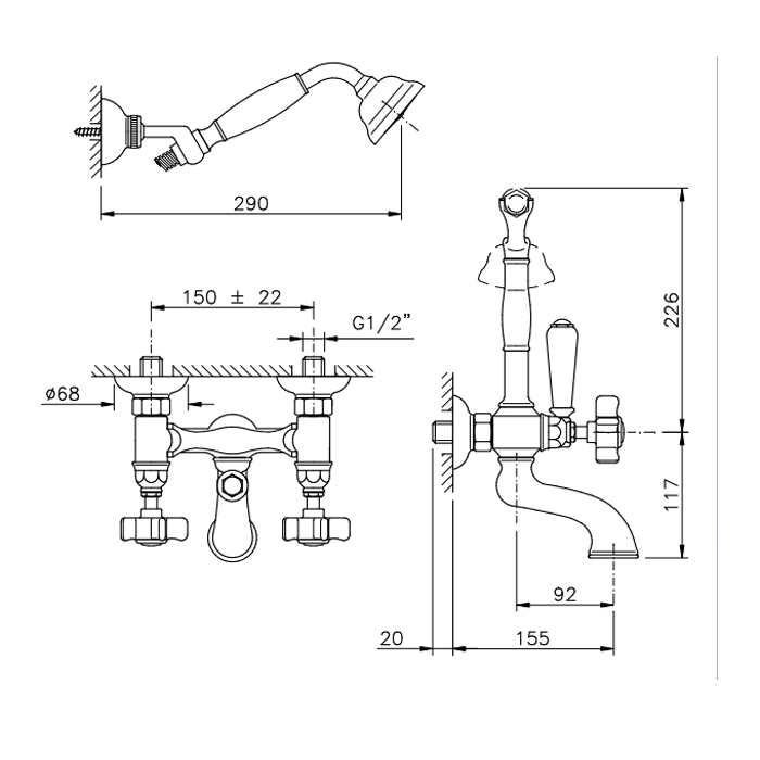 Nicolazzi Dames Anglaises Смеситель настенный для ванны с 2мя ручками, с переключателем ванна/душ, + комплект руч. душа, цвет: хром