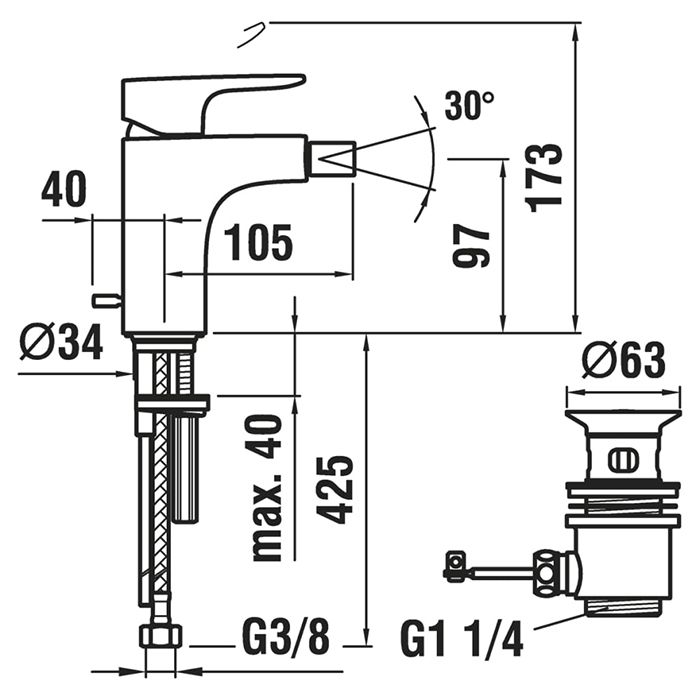 Смеситель для биде, Laufen, Cityplus, тип открывания воды-однорычажный, тип регулирования воды-керамический картридж, отверстия для монтажа-1, высота, мм-173, вынос излива, мм-105, донный клапан-есть, тип подводки-гибкая, стандарт подвода воды-3/8", цвет-, артикул 3.4175.1.004.111.1