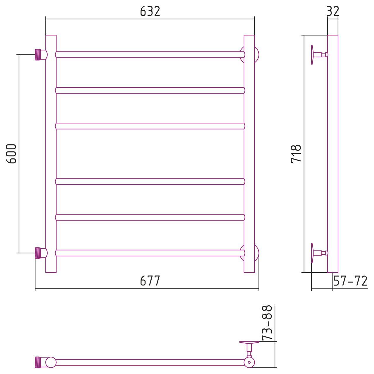 Полотенцесушитель СТИЛЬЕ "Версия-Б" 600х600 (3+3) П 18 (Без покрытия)