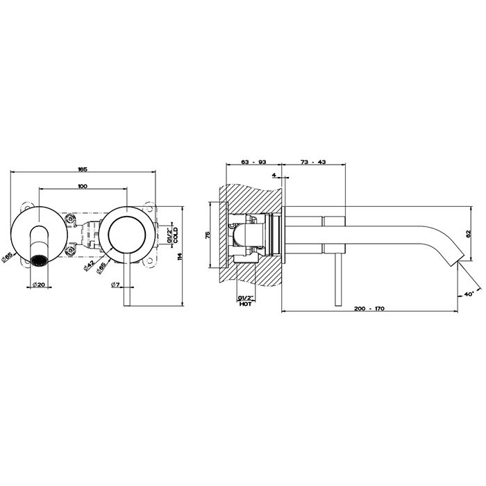 GESSI 316 Встраиваемый смеситель с изливом 200-170мм (внешние части), цвет: brushed black metal pvd