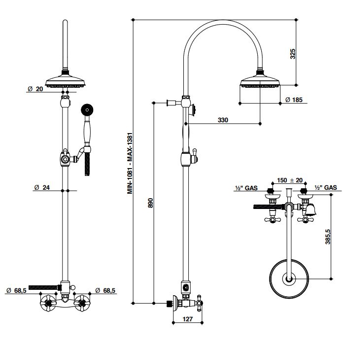Bongio Axel смеситель для душа с душевая стойкой с верхним душем 185мм, с ручной лейкой. цвет бронза