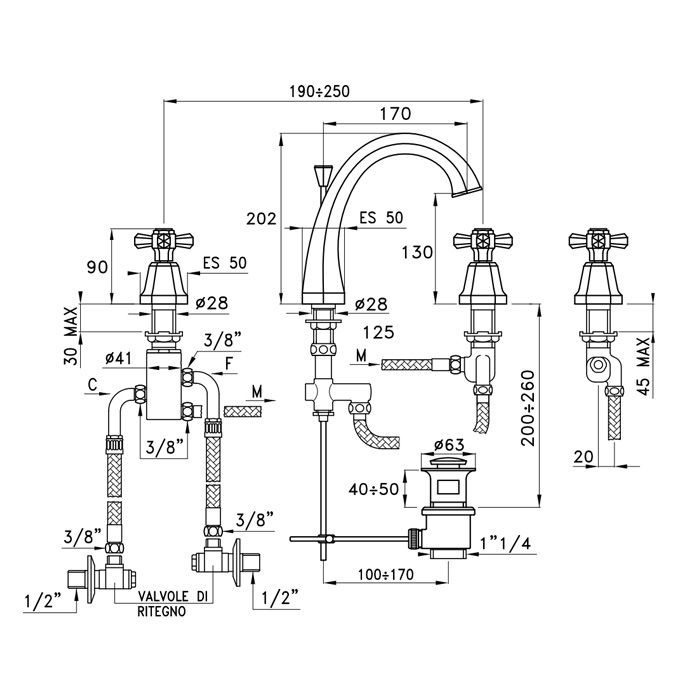 Stella Eccelsa Смеситель для раковины на 3 отверстия 3225TC, с донным клапаном, цвет: хром