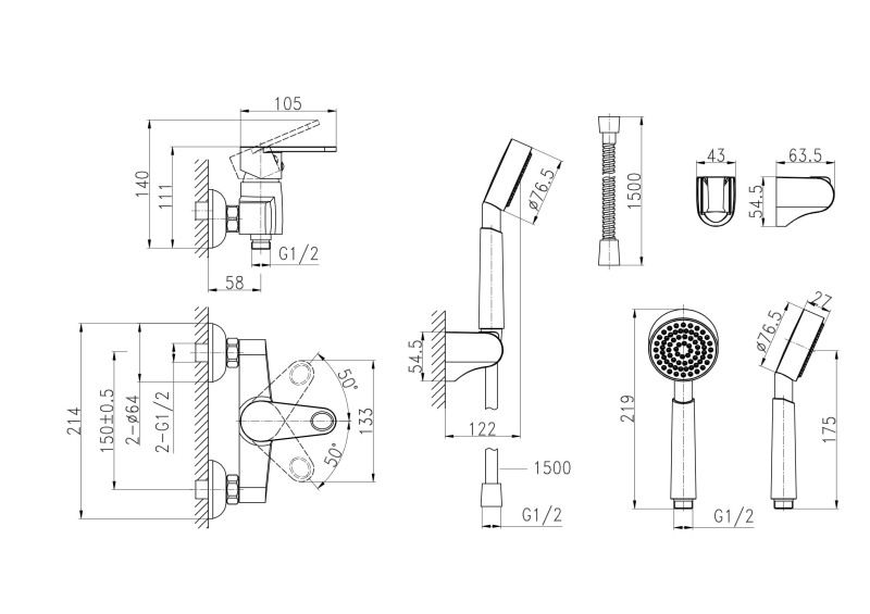 Смеситель для душа Cersanit CARI однорычажный душ. лейка (63029), артикул 63029