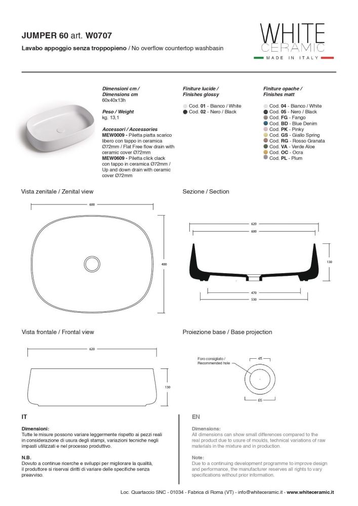 White Ceramic Jumper, накладная прямоугольная раковина 60x40x13h см в комплекте с донным клапаном, цвет белый глянцевый, артикул W0707SET01/Jumper