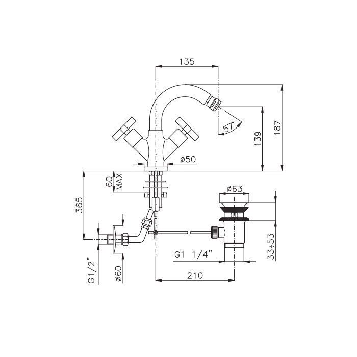 Nicolazzi Monte Croce Смеситель для биде на 1 отверстие, с 2мя ручками, излив: 137мм, цвет: золото