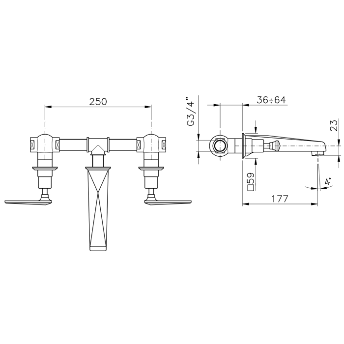 Nicolazzi Vincent Смеситель для раковины настенный, на 3 отв, излив: 177мм, цвет: хром