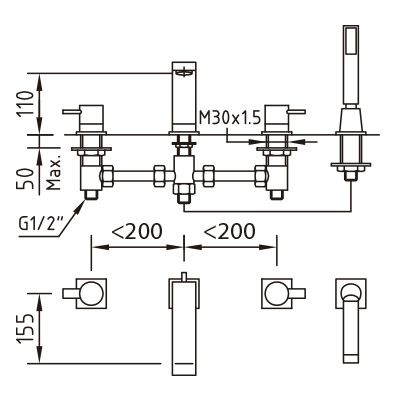 BIMINI Смеситель на борт ванны, 4 отверстия, хром