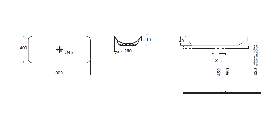 AZZURRA ELEGANCE SOFT раковина накладная 90х40см без отв. под смеситель, цвет белый