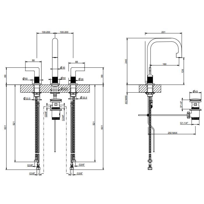 GESSI INCISO Смеситель для раковины на 3 отверстия с донным клапаном, излив 160мм, h=240мм Цвет: хром