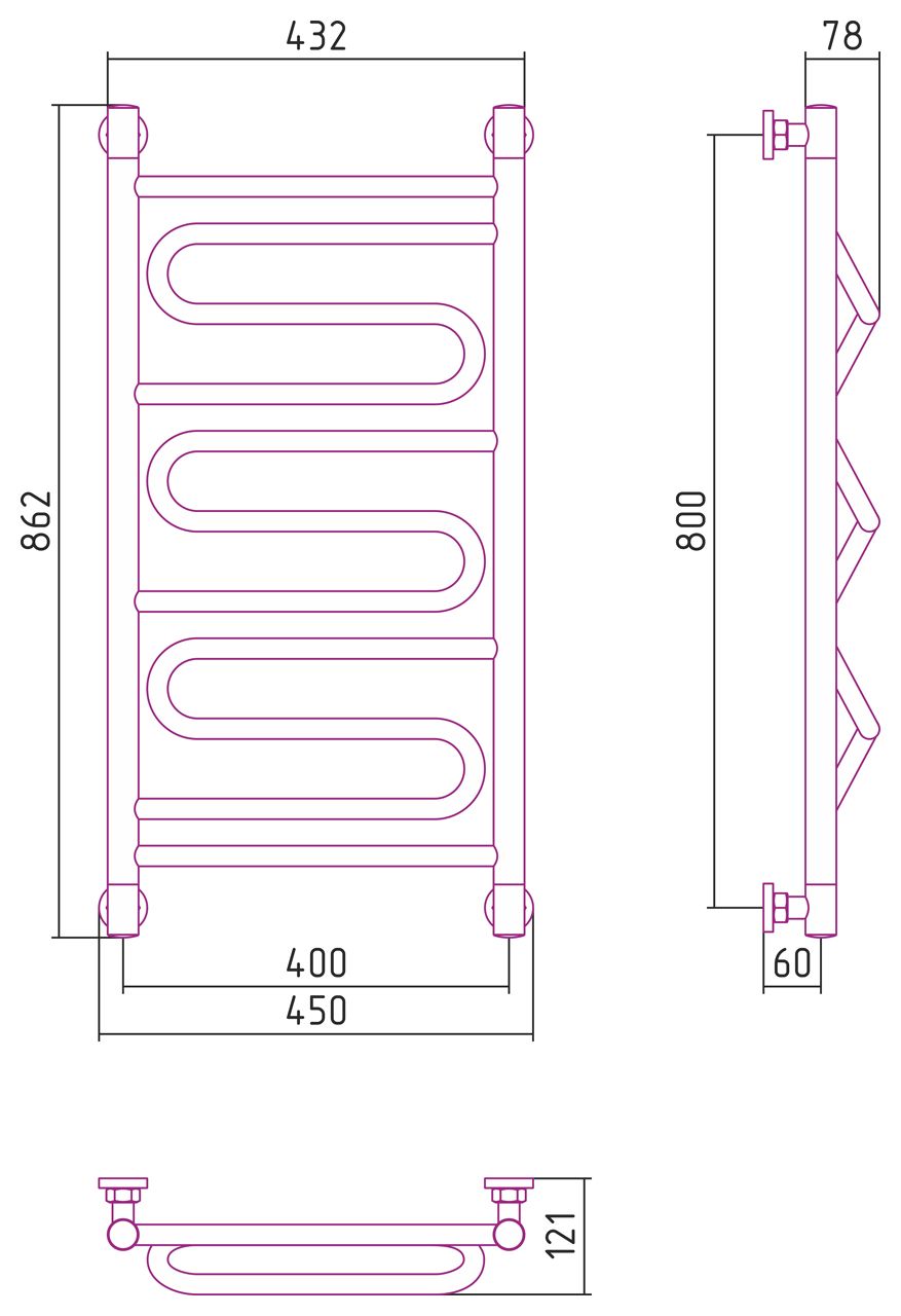Полотенцесушитель водяной "ЭЛЕГИЯ+" 800х400 (МУАР Темный Титан)