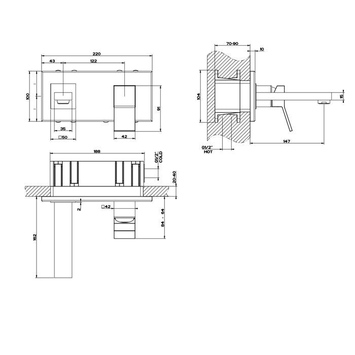 Gessi Rettangolo K Встраиваемый однорычажный смеситель для раковины, излив 147мм(внешние части), цвет: черный
