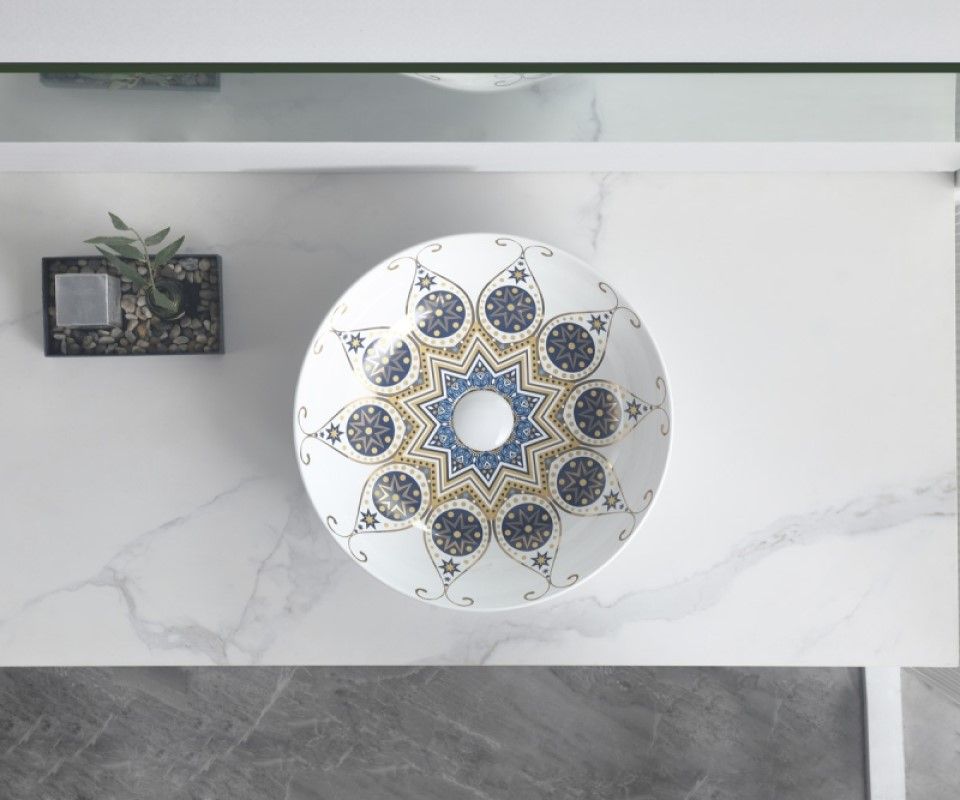 Раковина чаша Bronze de Luxe Lotos 5008, белый/синий, артикул 5008