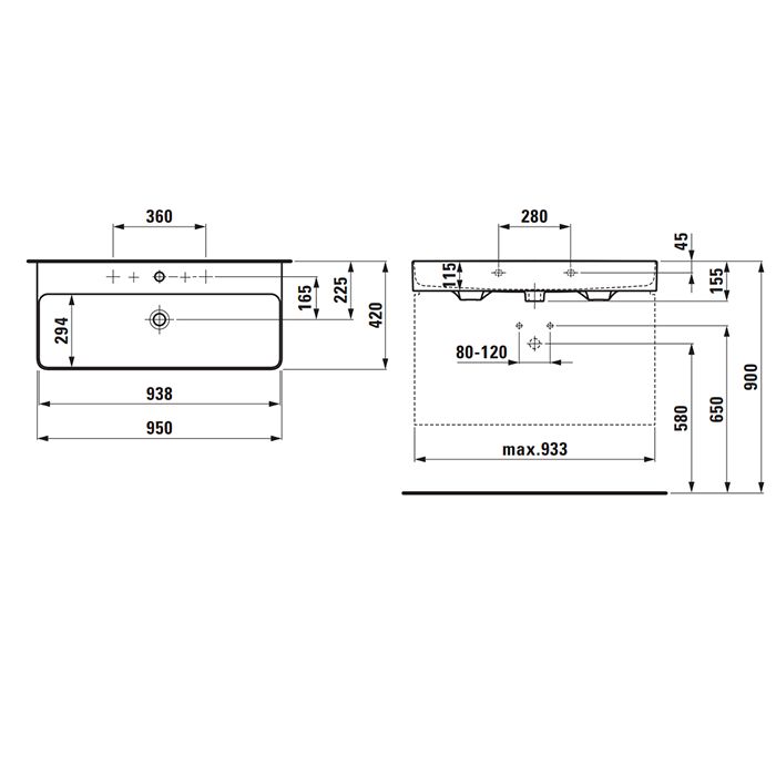 Laufen VAL Раковина 950х420х115мм с 1 отв. под смеситель, с покр. LLC, цвет: белый