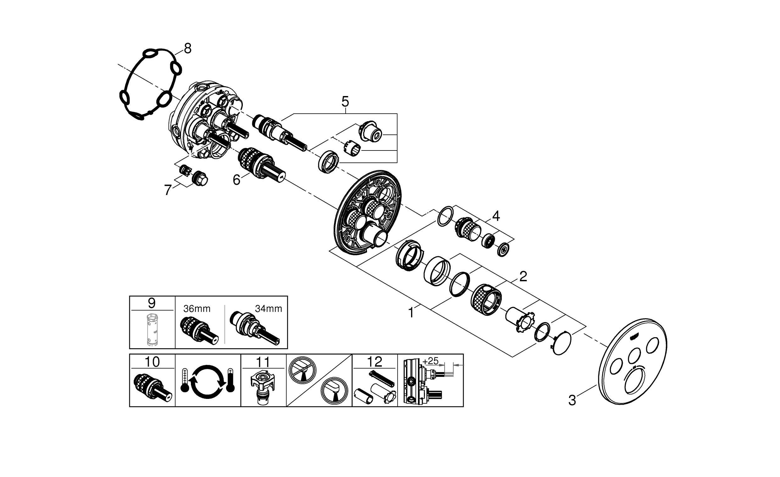 Внешняя часть термостатического смесителя на 3 выхода GROHE Grohtherm SmartControl, холодный рассвет матовый (29121GN0)