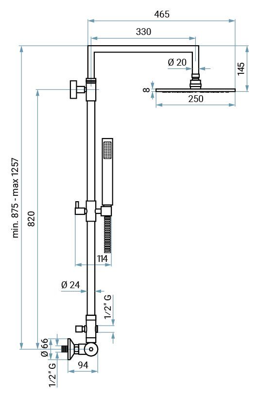 Emmevi Piper, душевая колонна из латуни, регулируемая по высоте 87,5-125,7 см: со смесителем и круглым антикальковым верхним душем 24 см, цвет хром