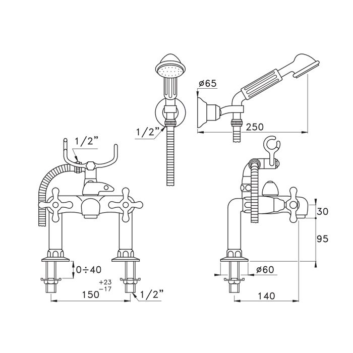 Stella Roma Смеситель на борт ванны на 2 отверстия 3267RG305/6 с ручным душем, цвет: хром