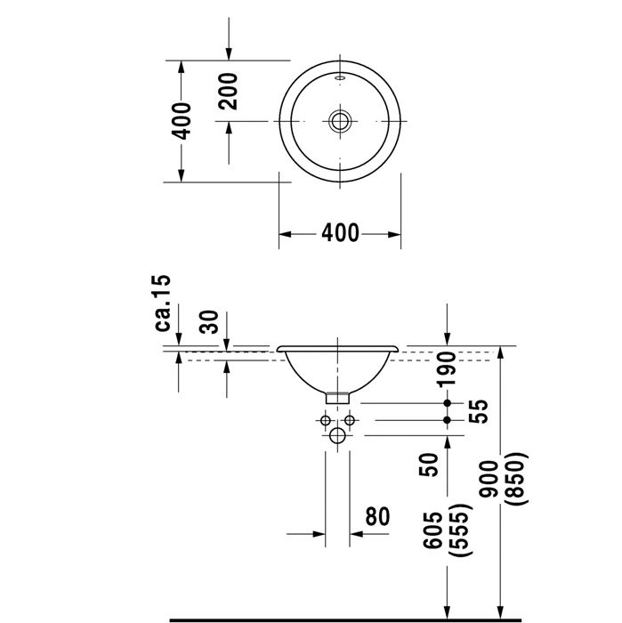 Duravit Architec Раковина  встр., для встраивания сверху, с перел., без площадки под смес., глазуровка снизу,Ø 400, Цвет: Белый Duravit Architec Раковина  встр., для встраивания сверху, с перел., без площадки под смес., глазуровка снизу,Ø 400, Цвет: Белый