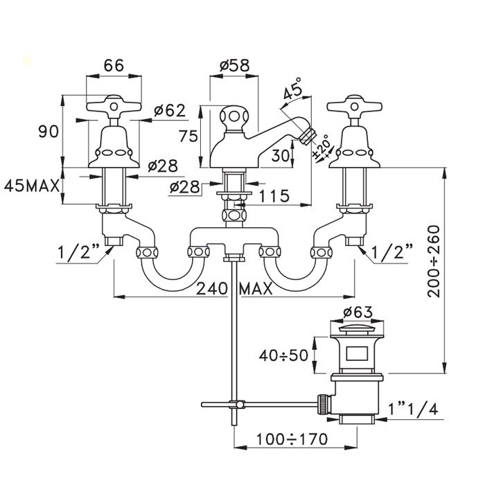 Stella Italica Смеситель для биде на 3 отверстия 3601, с донным клапаном, цвет: хром