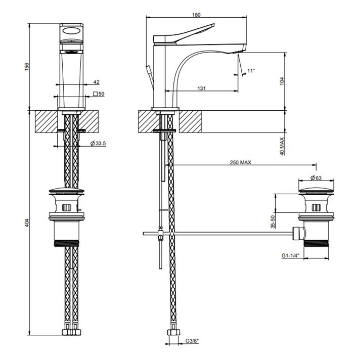 GESSI Rilievo Смеситель для раковины на 1 отв. с донным клапаном  h=156мм, излив 131мм , цвет: хром