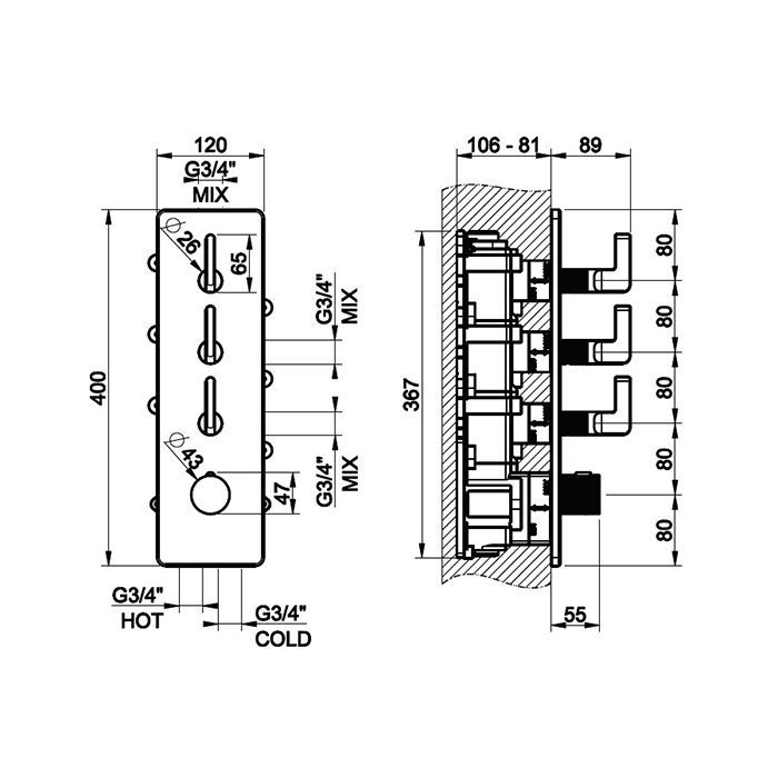 GESSI INCISO Встраиваемый термостатический смеситель на 3 источника, резьба 3/4" (внешние части), цвет: brushed black metal pvd