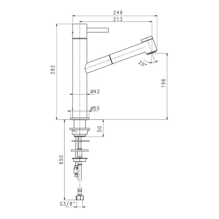 Fantini AF/21 Смеситель для раковины, 1 отв., без донного клапана, излив 213мм, цвет: Matt Gun Metal PVD