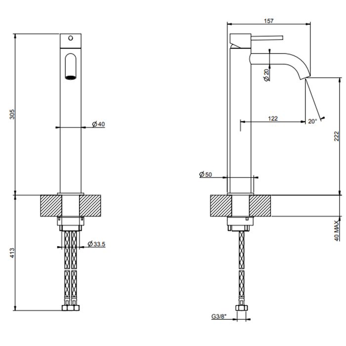 GESSI 316 Смеситель для раковины на 1 отверстие, высокий h=305мм,  без донного клапана, излив 123мм, цвет: brushed black metal pvd