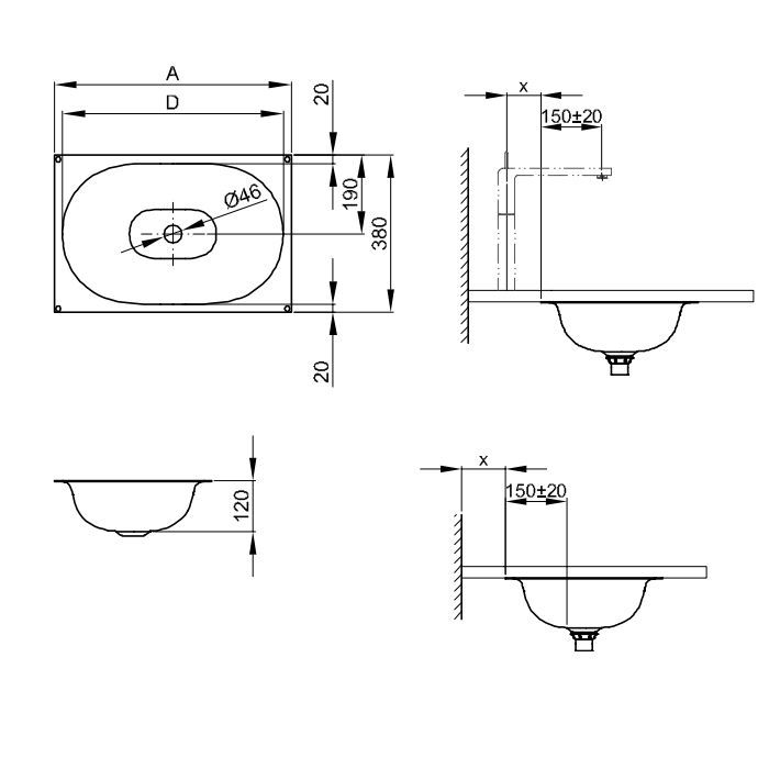 BETTE COMODO Раковина встраиваемая под столешницу  774х380х120 мм,  без отв под смес, BetteGlasur® Plus, цвет белый