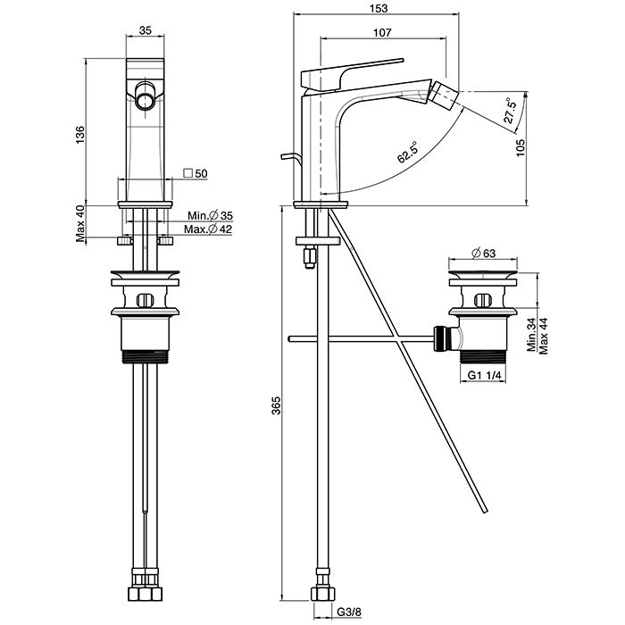 FIMA|Carlo Frattini Fit Смеситель для биде на 1 отв, с донным клапаном, h105мм излив 107мм, цвет: черный матовый FIMA|Carlo Frattini Fit Смеситель для биде на 1 отв, с донным клапаном, h105мм излив 107мм, цвет: черный матовый