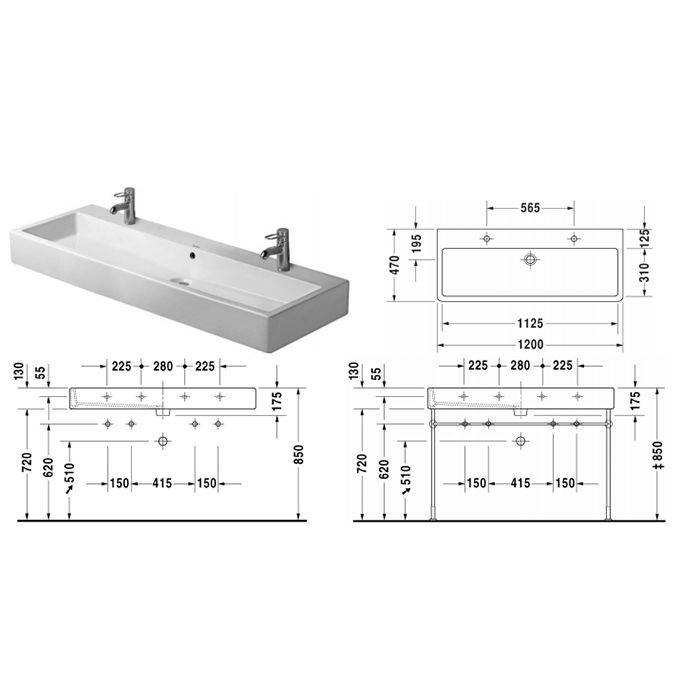 Duravit Vero Раковина для мебели, с перел., с 2 отв. под смес.,1200x470мм, Цвет: Белый