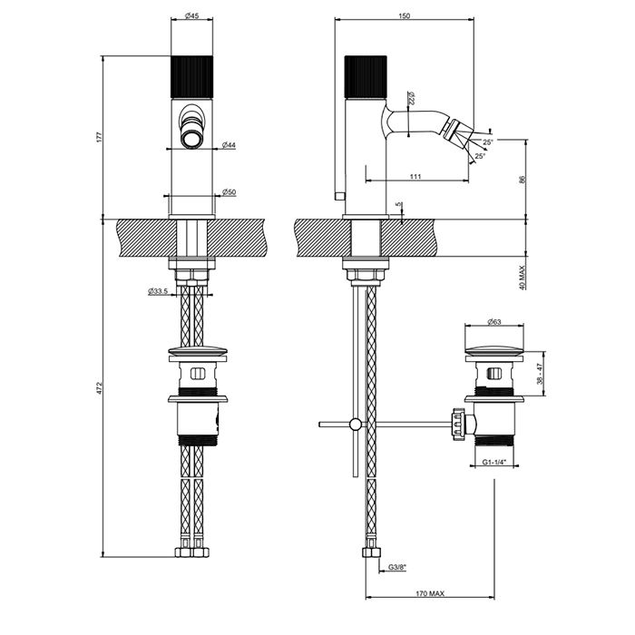 GESSI HABITO RIGATO Смеситель для биде на 1 отверстие, однорычажный, в комплекте с донным клапаном, цвет хром